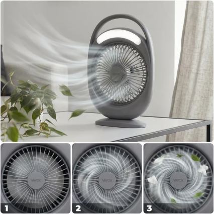 Ventilatore da tavolo ricaricabile con illuminazione LED, LED/2,8W/5V USB, 2400 mAh, grigio