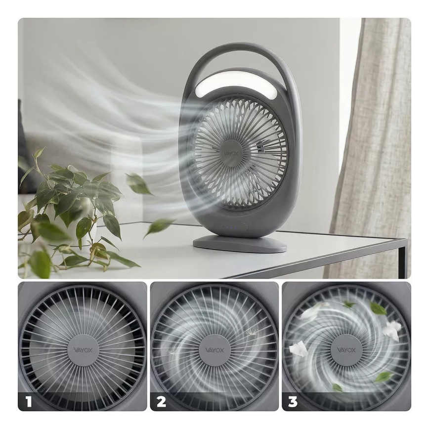 Ventilatore da tavolo ricaricabile con illuminazione LED, LED/2,8W/5V USB, 2400 mAh, grigio