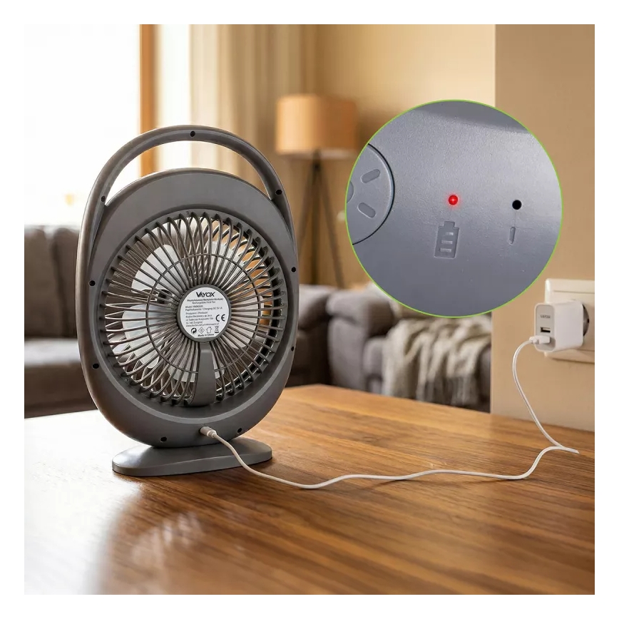 Ventilatore da tavolo ricaricabile con illuminazione LED, LED/2,8W/5V USB, 2400 mAh, grigio