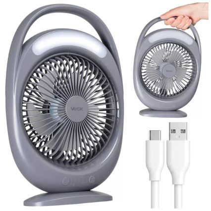Ventilatore da tavolo ricaricabile con illuminazione LED, LED/2,8W/5V USB, 2400 mAh, grigio