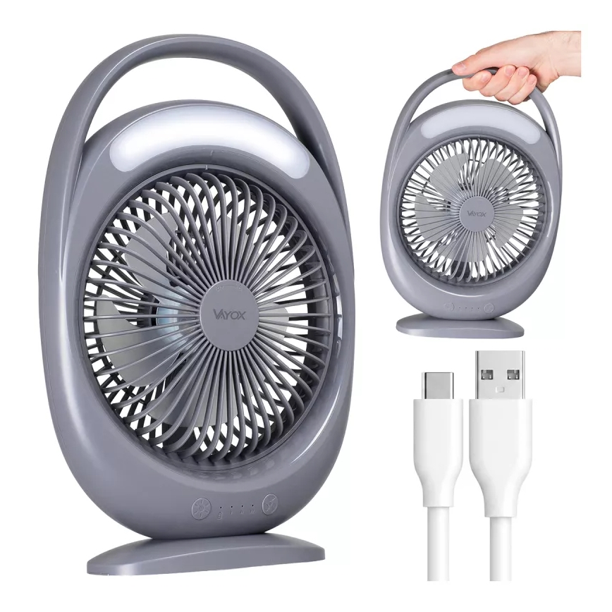 Ventilatore da tavolo ricaricabile con illuminazione LED, LED/2,8W/5V USB, 2400 mAh, grigio