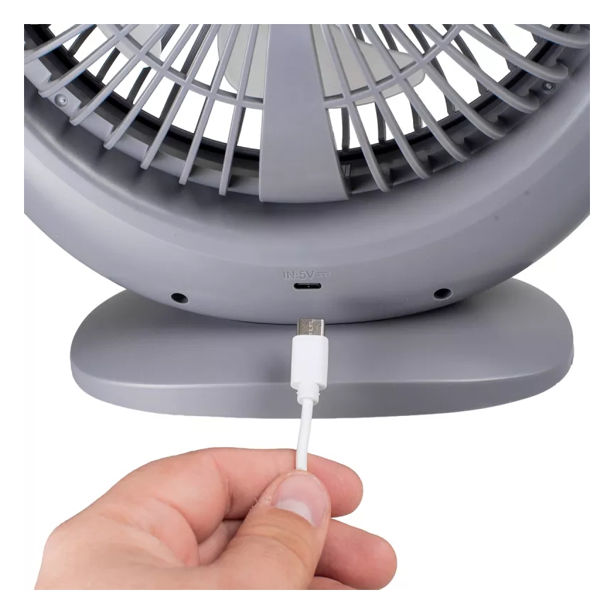 Ventilatore da tavolo ricaricabile con illuminazione LED, LED/2,8W/5V USB, 2400 mAh, grigio