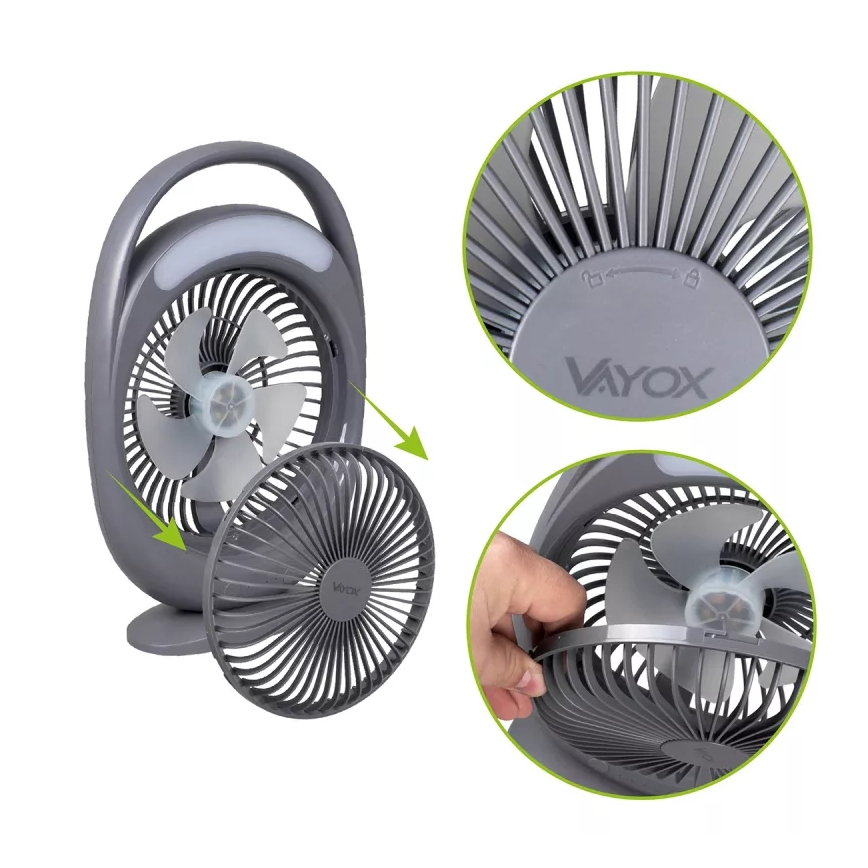 Ventilatore da tavolo ricaricabile con illuminazione LED, LED/2,8W/5V USB, 2400 mAh, grigio