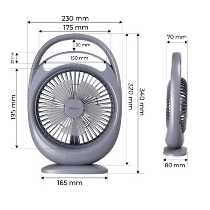 Ventilatore da tavolo ricaricabile con illuminazione LED, LED/2,8W/5V USB, 2400 mAh, grigio