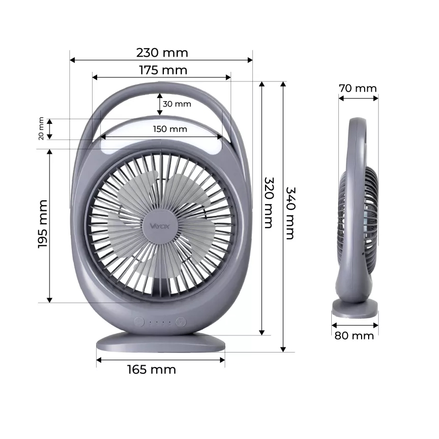 Ventilatore da tavolo ricaricabile con illuminazione LED, LED/2,8W/5V USB, 2400 mAh, grigio