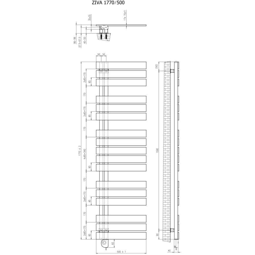 Vertaduro - Radiatore da bagno con termostato ZIVA 800W 177x50 cm nero