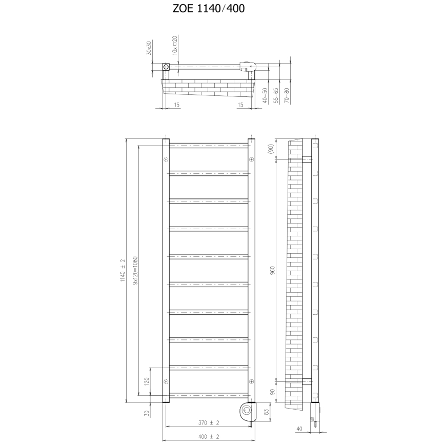 Vertaduro - Radiatore da bagno con termostato ZOE 400 W 114x40 cm nero