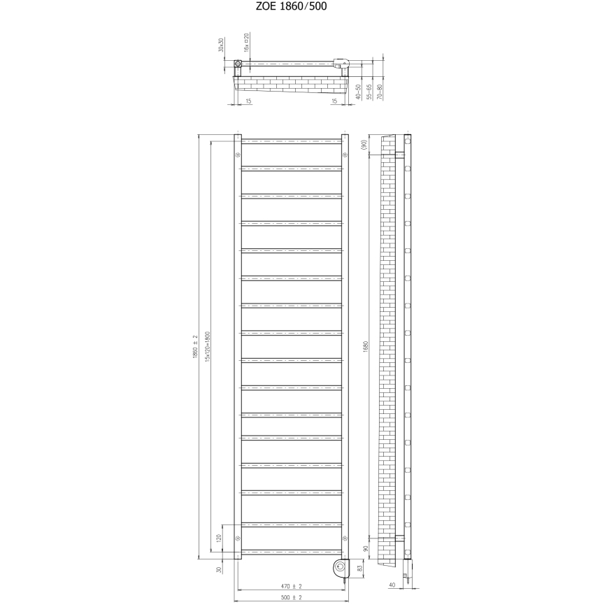 Vertaduro - Radiatore da bagno con termostato ZOE 400W 186x50 cm taupe