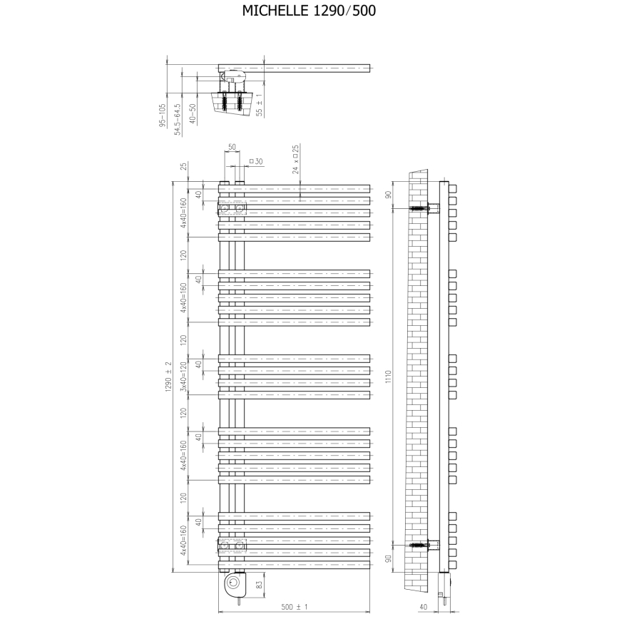 Vertaduro - Radiatore per bagno con termostato MICHELLE 600 W 129 x 50 cm nero