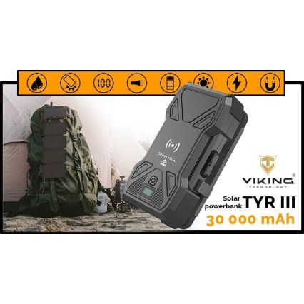 Viking - Power Bank con torcia LED, ricarica wireless e pannello solare Power Delivery 22,5W/30000 mAh