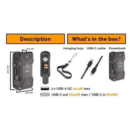 Viking - Power Bank con torcia LED, ricarica wireless e pannello solare Power Delivery 22,5W/30000 mAh