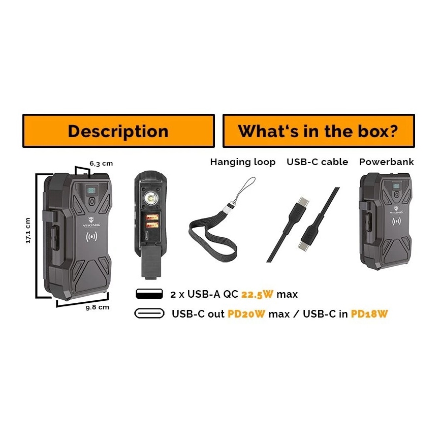 Viking - Power Bank con torcia LED, ricarica wireless e pannello solare Power Delivery 22,5W/30000 mAh