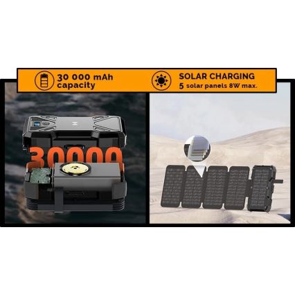 Viking - Power Bank con torcia LED, ricarica wireless e pannello solare Power Delivery 22,5W/30000 mAh