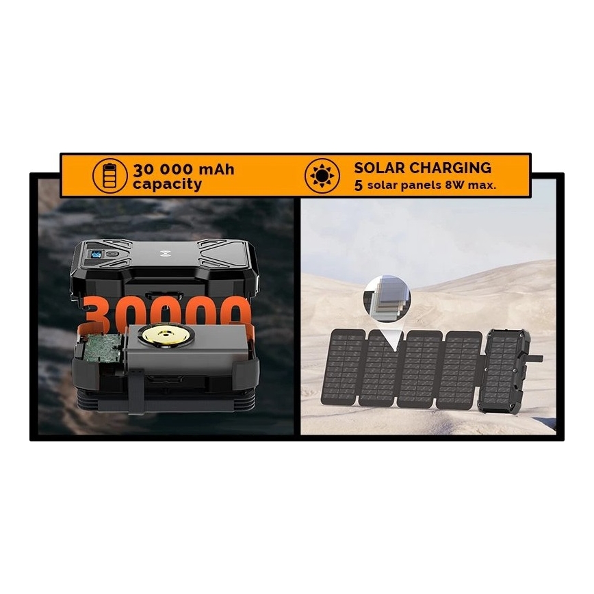 Viking - Power Bank con torcia LED, ricarica wireless e pannello solare Power Delivery 22,5W/30000 mAh