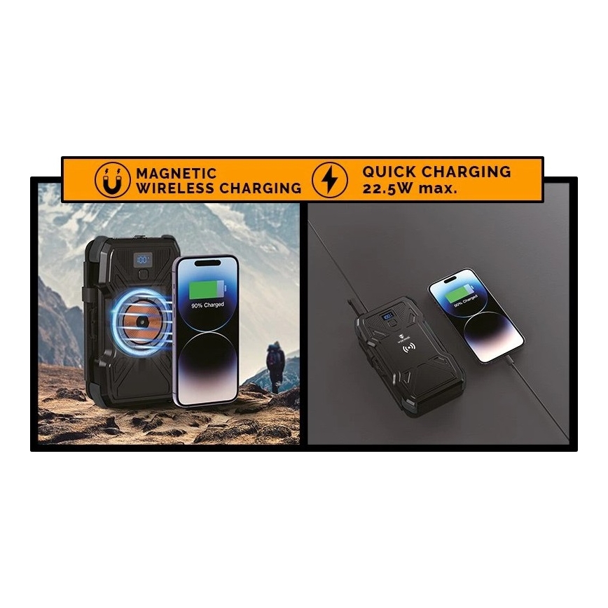 Viking - Power Bank con torcia LED, ricarica wireless e pannello solare Power Delivery 22,5W/30000 mAh