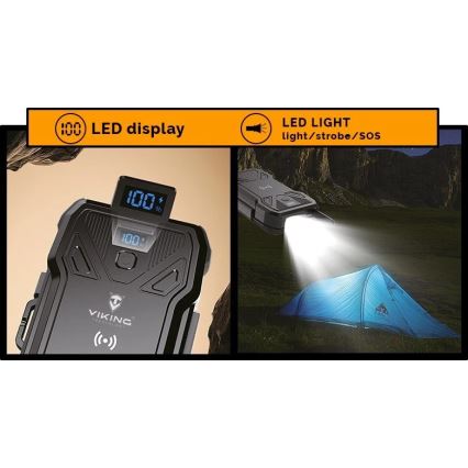 Viking - Power Bank con torcia LED, ricarica wireless e pannello solare Power Delivery 22,5W/30000 mAh