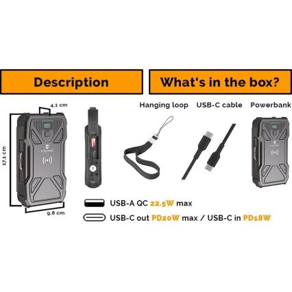 Viking - Power Bank con torcia LED, ricarica wireless e pannello solare Power Delivery 22,5W/10000 mAh