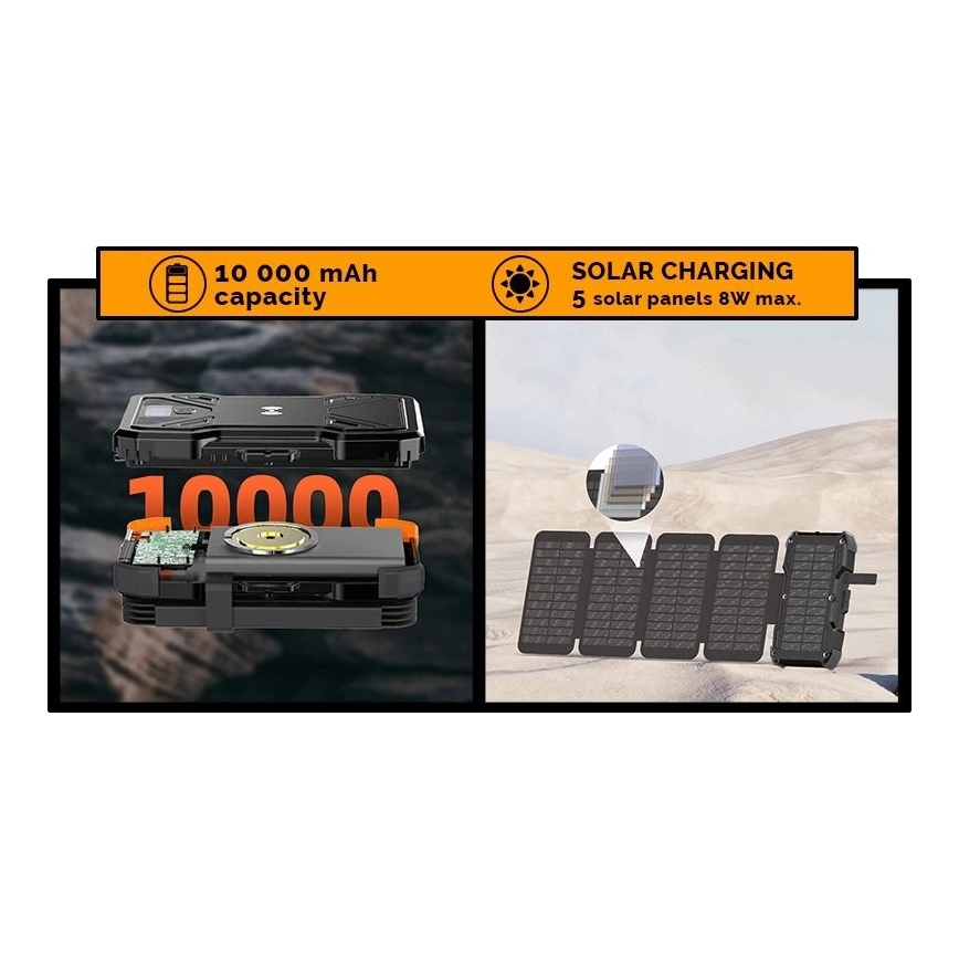 Viking - Power Bank con torcia LED, ricarica wireless e pannello solare Power Delivery 22,5W/10000 mAh