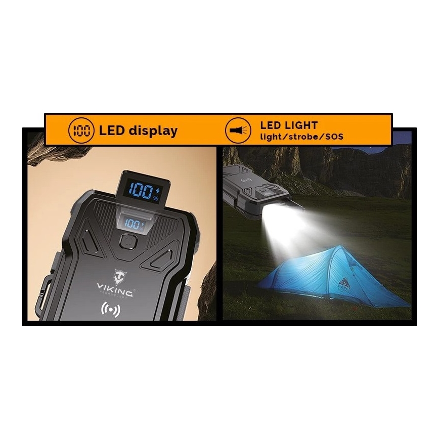 Viking - Power Bank con torcia LED, ricarica wireless e pannello solare Power Delivery 22,5W/10000 mAh
