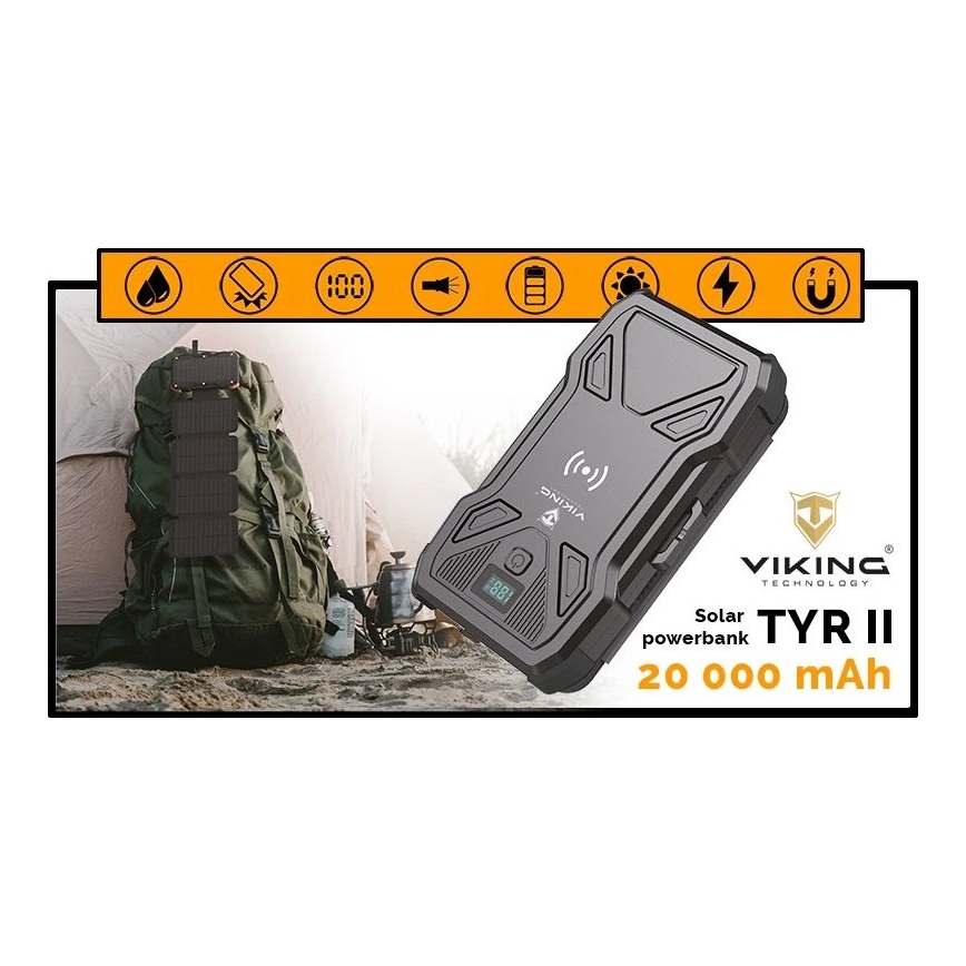 Viking - Power Bank con torcia LED, ricarica wireless e pannello solare Power Delivery 22,5W/20000 mAh