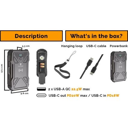 Viking - Power Bank con torcia LED, ricarica wireless e pannello solare Power Delivery 22,5W/20000 mAh