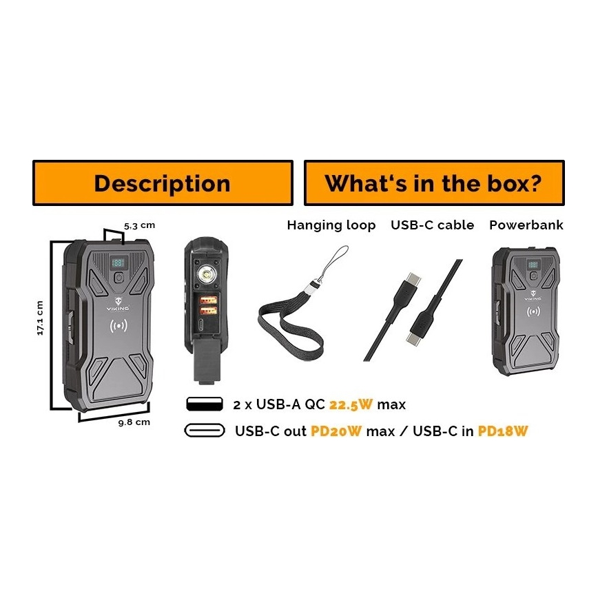 Viking - Power Bank con torcia LED, ricarica wireless e pannello solare Power Delivery 22,5W/20000 mAh