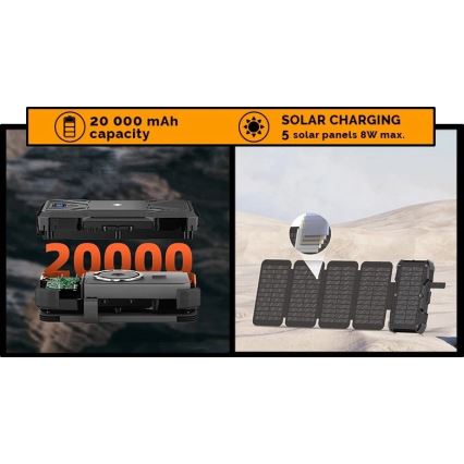 Viking - Power Bank con torcia LED, ricarica wireless e pannello solare Power Delivery 22,5W/20000 mAh