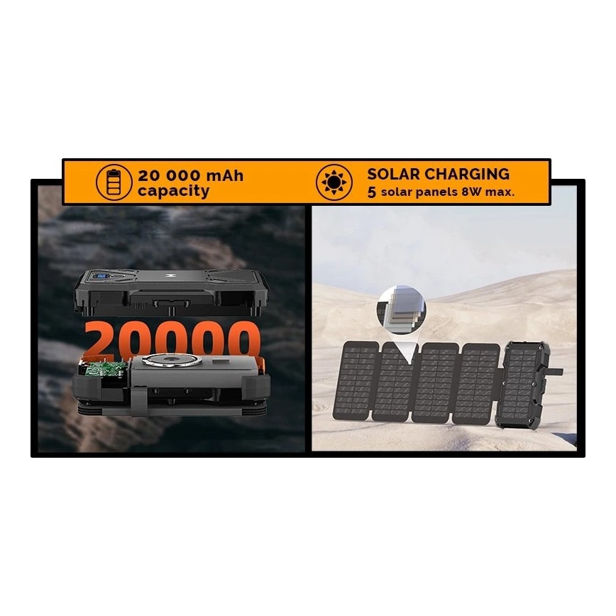 Viking - Power Bank con torcia LED, ricarica wireless e pannello solare Power Delivery 22,5W/20000 mAh