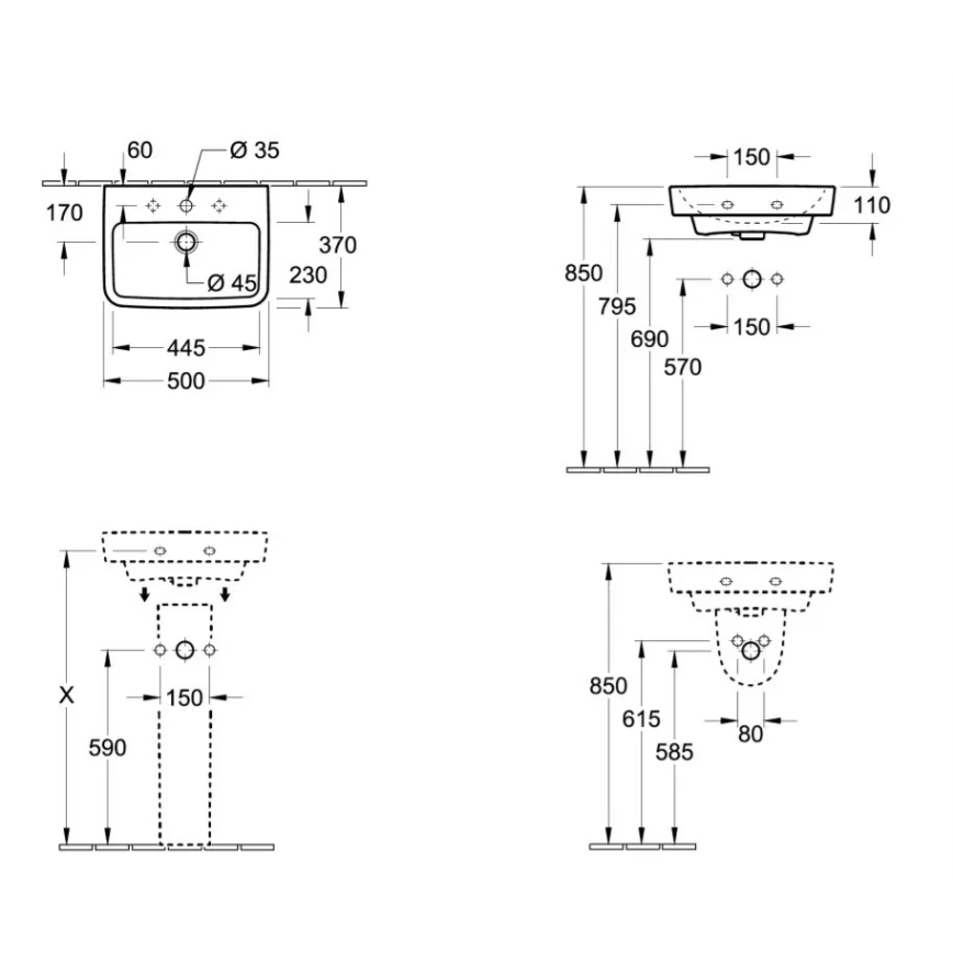 Villeroy & Boch 43445001 - Lavabo sospeso O.NOVO 50x37 cm ceramica/bianco