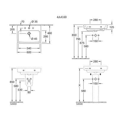 Villeroy & Boch 4A416001 - Lavabo sospeso O.NOVO 60x46 cm, ceramica/bianco