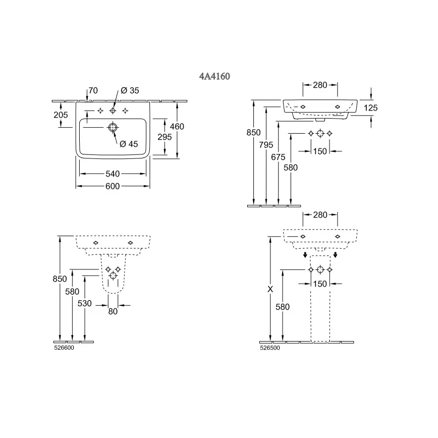 Villeroy & Boch 4A416001 - Lavabo sospeso O.NOVO 60x46 cm, ceramica/bianco