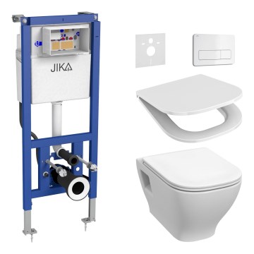WC sospeso DEEP + sedile WC SoftClose DEEP + pulsante di scarico DUAL + modulo da incasso + guarnizione isolante
