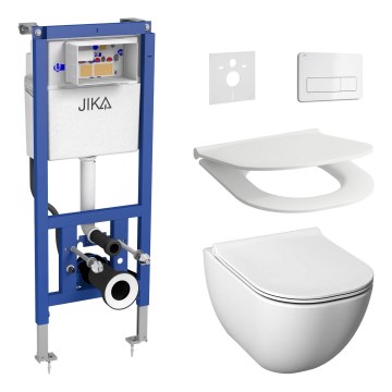 WC sospeso MIO Rimless + sedile WC SoftClose MIO + pulsante di scarico DUAL + modulo da incasso + guarnizione isolante
