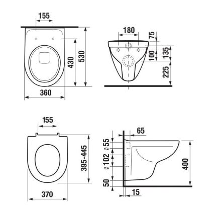 WC sospeso LYRA + sedile WC SoftClose LYRA + placca di comando DUAL + modulo da incasso + guarnizione isolante