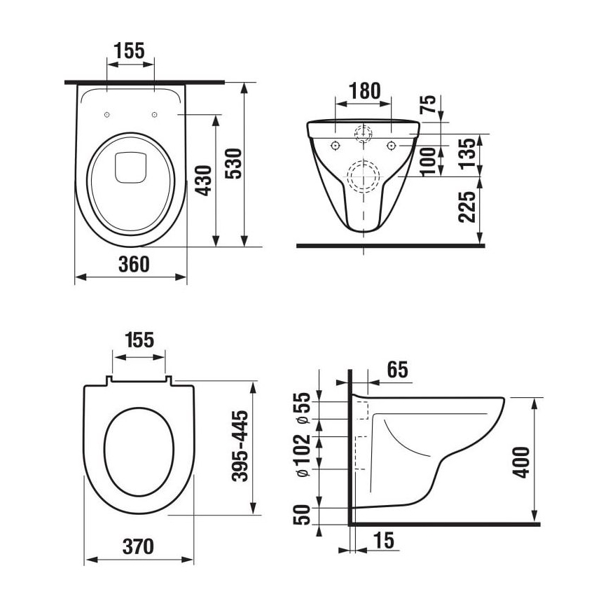 WC sospeso LYRA + sedile WC SoftClose LYRA + placca di comando DUAL + modulo da incasso + guarnizione isolante