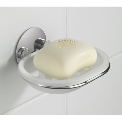 WENKO 18776100-Portasapone TURBO-LOC TONDO IN ACCIAIO 13x11 cm finitura lucida cromo/bianco