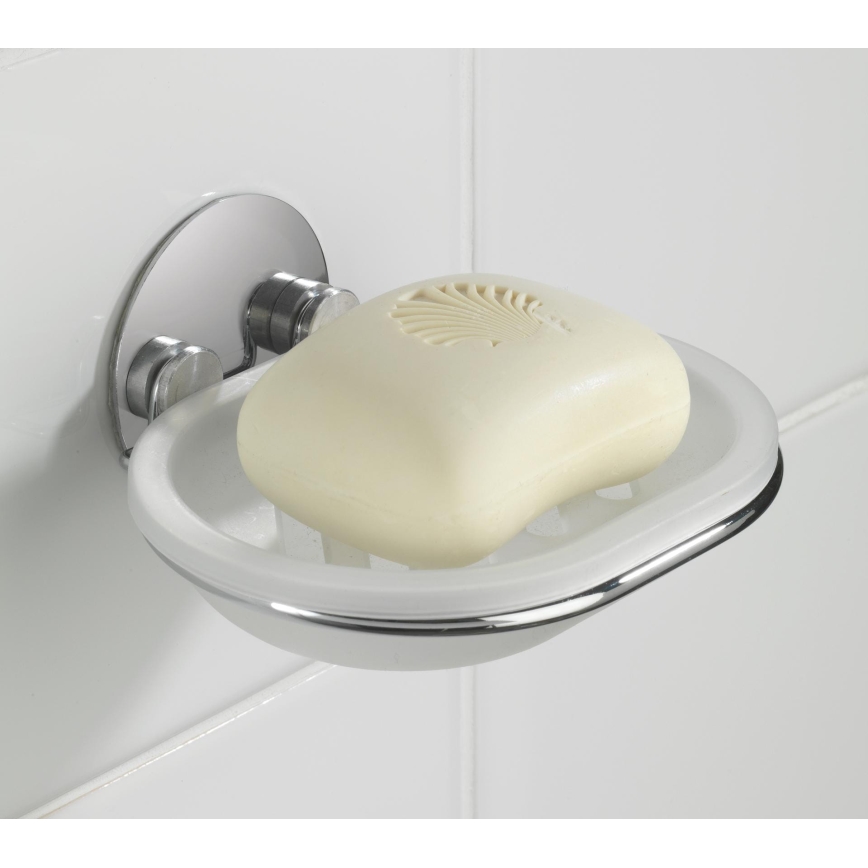 WENKO 18776100-Portasapone TURBO-LOC TONDO IN ACCIAIO 13x11 cm finitura lucida cromo/bianco