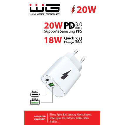 Winner Group - Adattatore a carica rapida 1xUSB-C + 1xUSB-A Power Delivery 20W bianco
