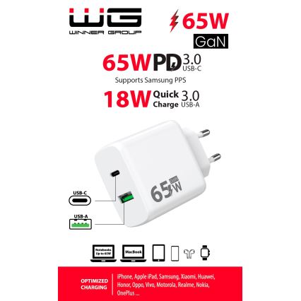 Winner Group - Adattatore a carica rapida 1xUSB-C + 1xUSB-A Power Delivery 65W bianco