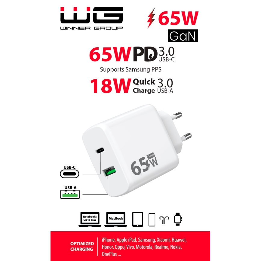 Winner Group - Adattatore a carica rapida 1xUSB-C + 1xUSB-A Power Delivery 65W bianco