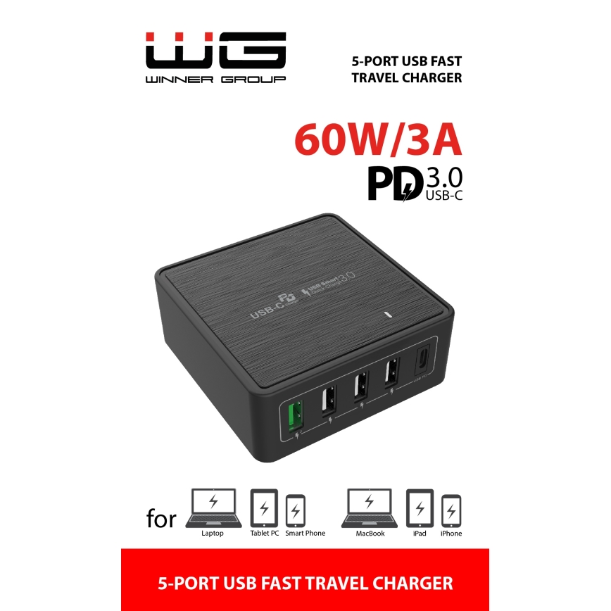 Winner Group - Adattatore a carica rapida 5xUSB-C Power Delivery 60W nero