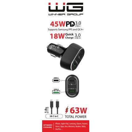 Winner Group - Caricabatterie da auto 1xUSB-C + 1xUSB-A Power Delivery 63W + Cavo USB USB-C / USB-C 1 m nero