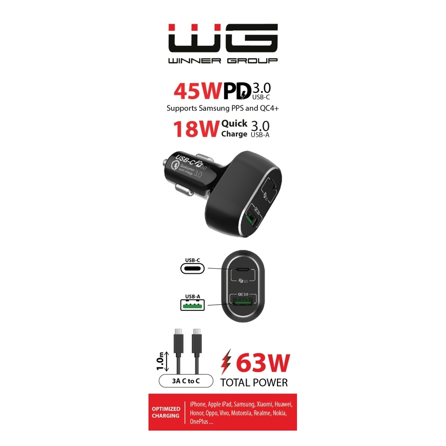 Winner Group - Caricabatterie da auto 1xUSB-C + 1xUSB-A Power Delivery 63W + Cavo USB USB-C / USB-C 1 m nero