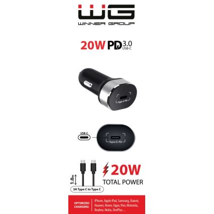 Winner Group - Caricabatterie da auto 1xUSB-C Power Delivery 20W + Cavo USB USB-C / USB-C 1 m nero