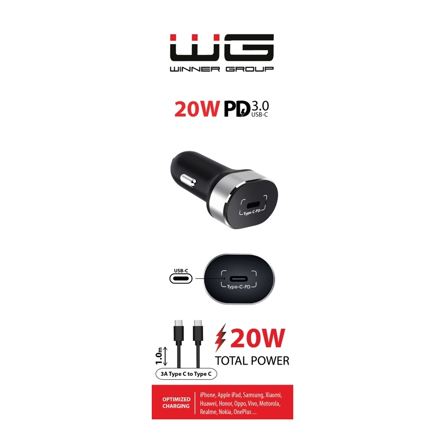 Winner Group - Caricabatterie da auto 1xUSB-C Power Delivery 20W + Cavo USB USB-C / USB-C 1 m nero