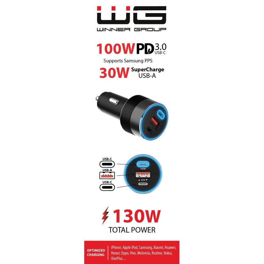 Winner Group - Caricabatterie da auto 2xUSB-C + 1xUSB-A Power Delivery 130W nero