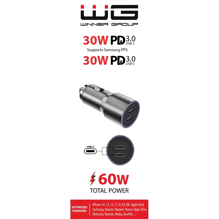 Winner Group - Caricabatterie da auto 2xUSB-C Power Delivery 60W argento
