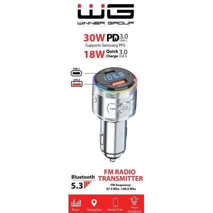 Winner Group - Caricabatterie da auto con FM transmitter e hands-free funzione 20W argento