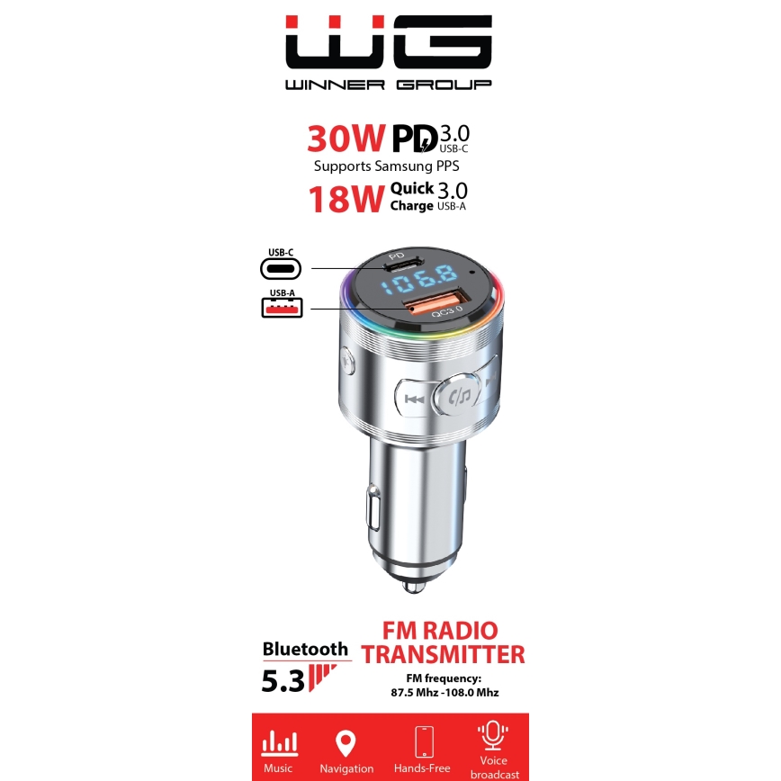 Winner Group - Caricabatterie da auto con FM transmitter e hands-free funzione 20W argento