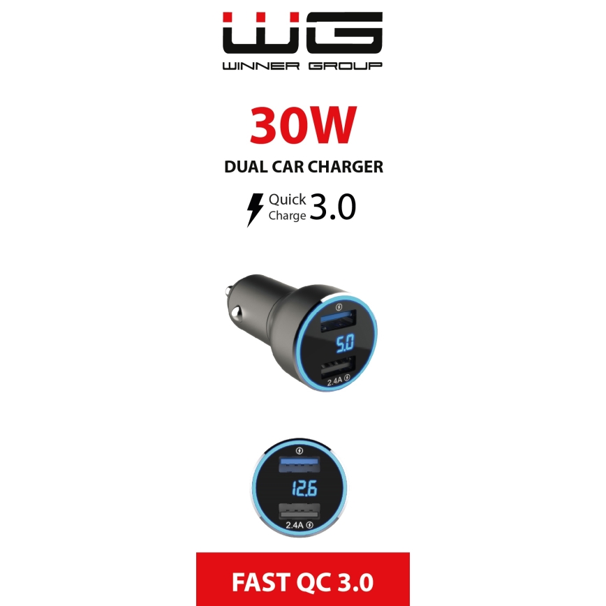 Winner Group - Caricabatterie da auto con un display 2xUSB-A Power Delivery 30W nero